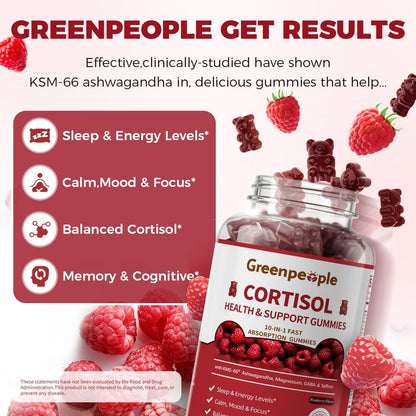 GREENPEOPLE Cortisol-Entspannungs-Gummis für Frauen & Männer - Stressabbau mit KSM-66 Ashwagandha, Magnesium, L-Theanin, GABA & Vitamin B6 - 60 Stück, Himbeergeschmack