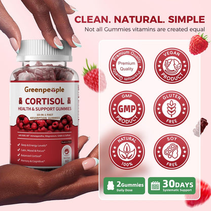 GREENPEOPLE Cortisol-Entspannungs-Gummis für Frauen & Männer - Stressabbau mit KSM-66 Ashwagandha, Magnesium, L-Theanin, GABA & Vitamin B6 - 60 Stück, Himbeergeschmack