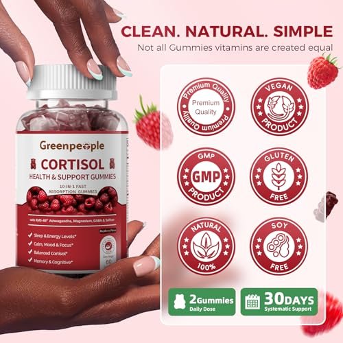 GREENPEOPLE Cortisol-Entspannungs-Gummis für Frauen & Männer - Stressabbau mit KSM-66 Ashwagandha, Magnesium, L-Theanin, GABA & Vitamin B6 - 60 Stück, Himbeergeschmack
