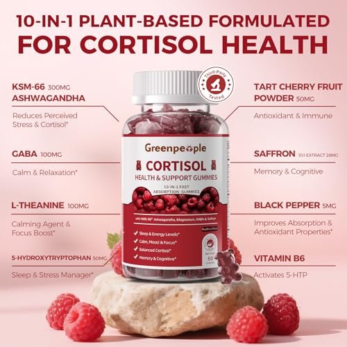 GREENPEOPLE Cortisol-Entspannungs-Gummis für Frauen & Männer - Stressabbau mit KSM-66 Ashwagandha, Magnesium, L-Theanin, GABA & Vitamin B6 - 60 Stück, Himbeergeschmack