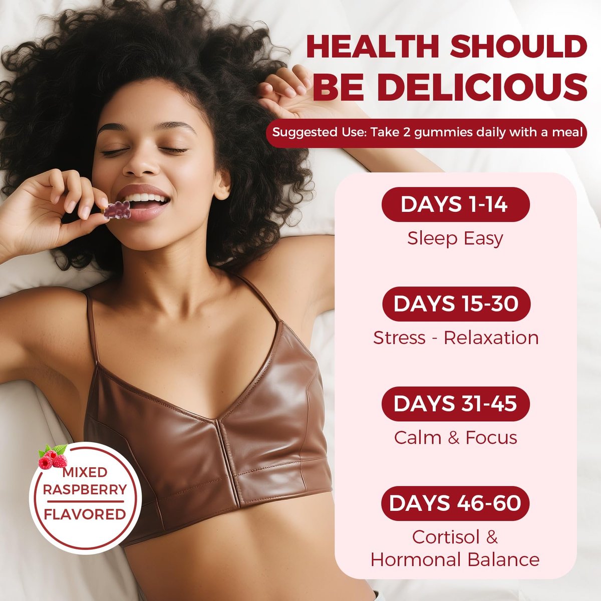 GREENPEOPLE Cortisol-Entspannungs-Gummis für Frauen & Männer - Stressabbau mit KSM-66 Ashwagandha, Magnesium, L-Theanin, GABA & Vitamin B6 - 60 Stück, Himbeergeschmack