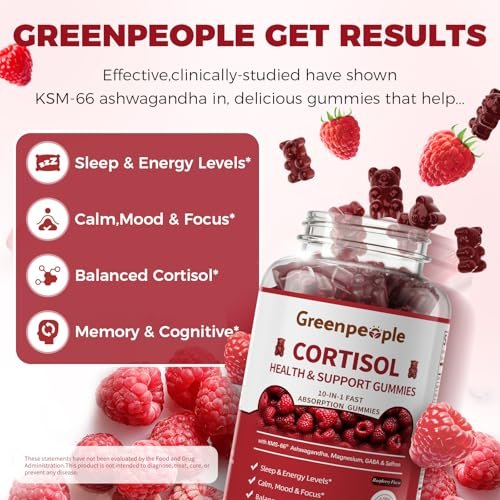GREENPEOPLE Cortisol-Entspannungs-Gummis für Frauen & Männer - Stressabbau mit KSM-66 Ashwagandha, Magnesium, L-Theanin, GABA & Vitamin B6 - 60 Stück, Himbeergeschmack