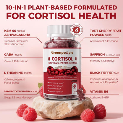 GREENPEOPLE Cortisol-Entspannungs-Gummis für Frauen & Männer - Stressabbau mit KSM-66 Ashwagandha, Magnesium, L-Theanin, GABA & Vitamin B6 - 60 Stück, Himbeergeschmack