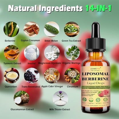 Liposomale Berberin-Tropfen, 14-in-1 Berberin HCL mit Ceylon-Zimt, Chrompicolinat, Magnesium, Bittermelone, Mariendistel | Bio-Berberin-Komplex für Blutzucker, Leber, Herz und Stoffwechsel