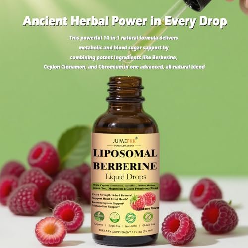 Liposomale Berberin-Tropfen, 14-in-1 Berberin HCL mit Ceylon-Zimt, Chrompicolinat, Magnesium, Bittermelone, Mariendistel | Bio-Berberin-Komplex für Blutzucker, Leber, Herz und Stoffwechsel