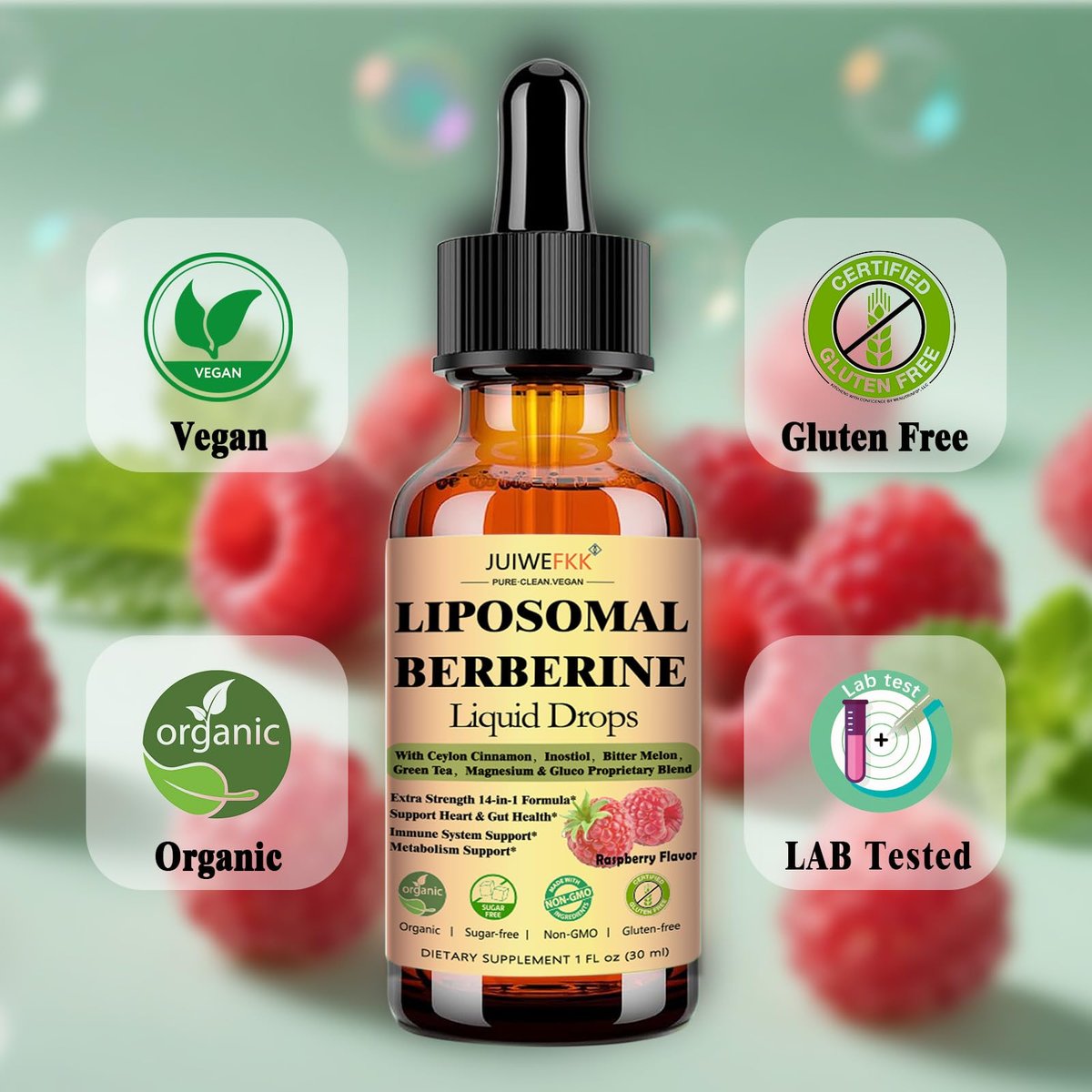 Liposomale Berberin-Tropfen, 14-in-1 Berberin HCL mit Ceylon-Zimt, Chrompicolinat, Magnesium, Bittermelone, Mariendistel | Bio-Berberin-Komplex für Blutzucker, Leber, Herz und Stoffwechsel