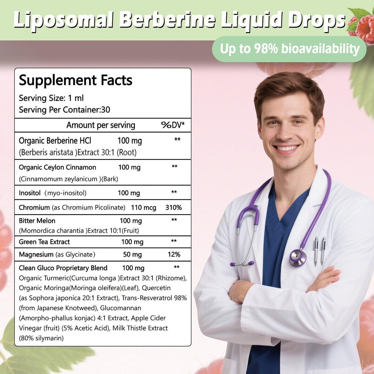 Liposomale Berberin-Tropfen, 14-in-1 Berberin HCL mit Ceylon-Zimt, Chrompicolinat, Magnesium, Bittermelone, Mariendistel | Bio-Berberin-Komplex für Blutzucker, Leber, Herz und Stoffwechsel