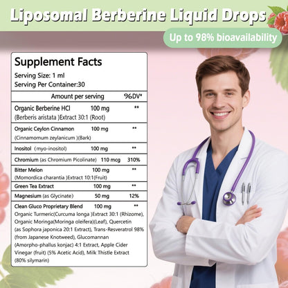 Liposomale Berberin-Tropfen, 14-in-1 Berberin HCL mit Ceylon-Zimt, Chrompicolinat, Magnesium, Bittermelone, Mariendistel | Bio-Berberin-Komplex für Blutzucker, Leber, Herz und Stoffwechsel