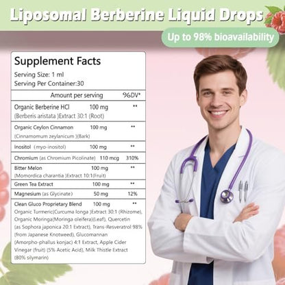 Liposomale Berberin-Tropfen, 14-in-1 Berberin HCL mit Ceylon-Zimt, Chrompicolinat, Magnesium, Bittermelone, Mariendistel | Bio-Berberin-Komplex für Blutzucker, Leber, Herz und Stoffwechsel