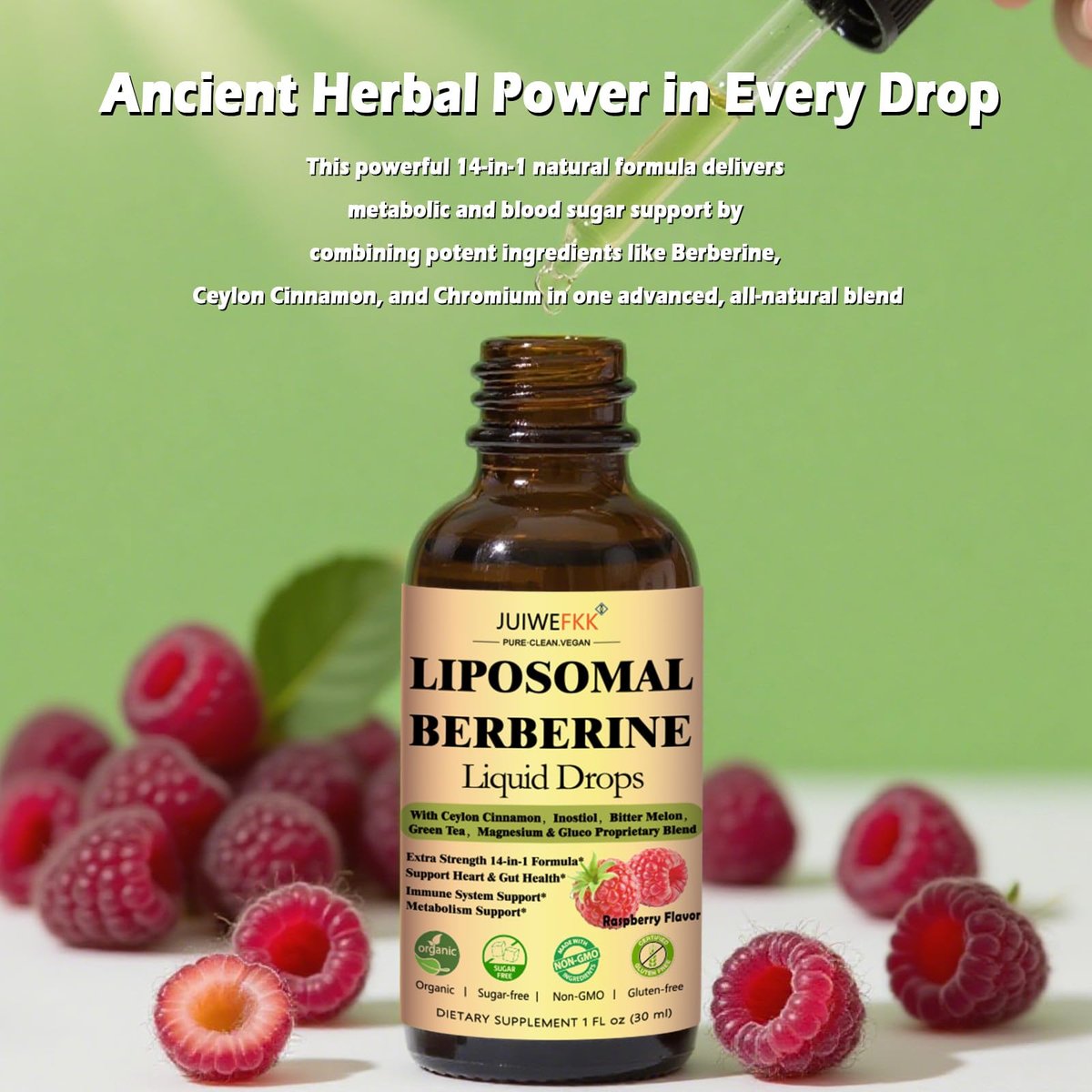 Liposomale Berberin-Tropfen, 14-in-1 Berberin HCL mit Ceylon-Zimt, Chrompicolinat, Magnesium, Bittermelone, Mariendistel | Bio-Berberin-Komplex für Blutzucker, Leber, Herz und Stoffwechsel