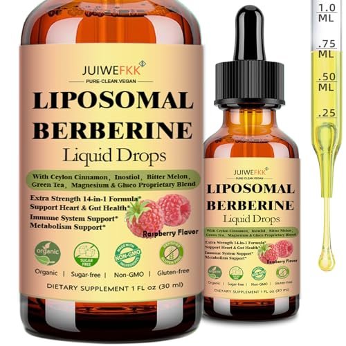Liposomale Berberin-Tropfen, 14-in-1 Berberin HCL mit Ceylon-Zimt, Chrompicolinat, Magnesium, Bittermelone, Mariendistel | Bio-Berberin-Komplex für Blutzucker, Leber, Herz und Stoffwechsel