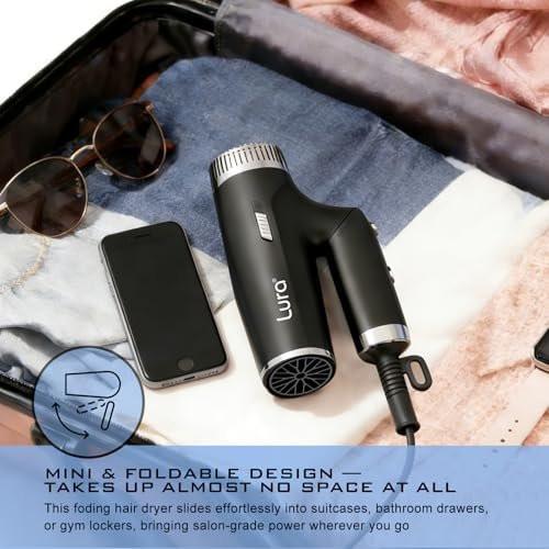 LURA Auto Dual Voltage Haar-Fön für internationale Reisen, Reise-Haartrockner mit Diffusor, kleiner tragbarer Föhn für Frauen, leicht, kompakt Mini-Föhn mit klappbarem Griff für Kinder (Schwarz)