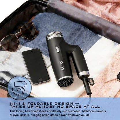 LURA Auto Dual Voltage Haar-Fön für internationale Reisen, Reise-Haartrockner mit Diffusor, kleiner tragbarer Föhn für Frauen, leicht, kompakt Mini-Föhn mit klappbarem Griff für Kinder (Schwarz)