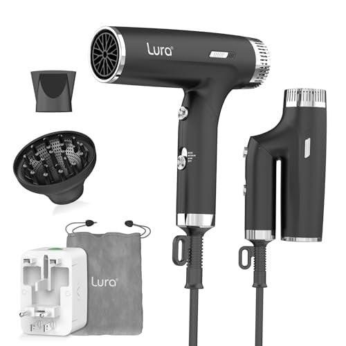 LURA Auto Dual Voltage Haar-Fön für internationale Reisen, Reise-Haartrockner mit Diffusor, kleiner tragbarer Föhn für Frauen, leicht, kompakt Mini-Föhn mit klappbarem Griff für Kinder (Schwarz)