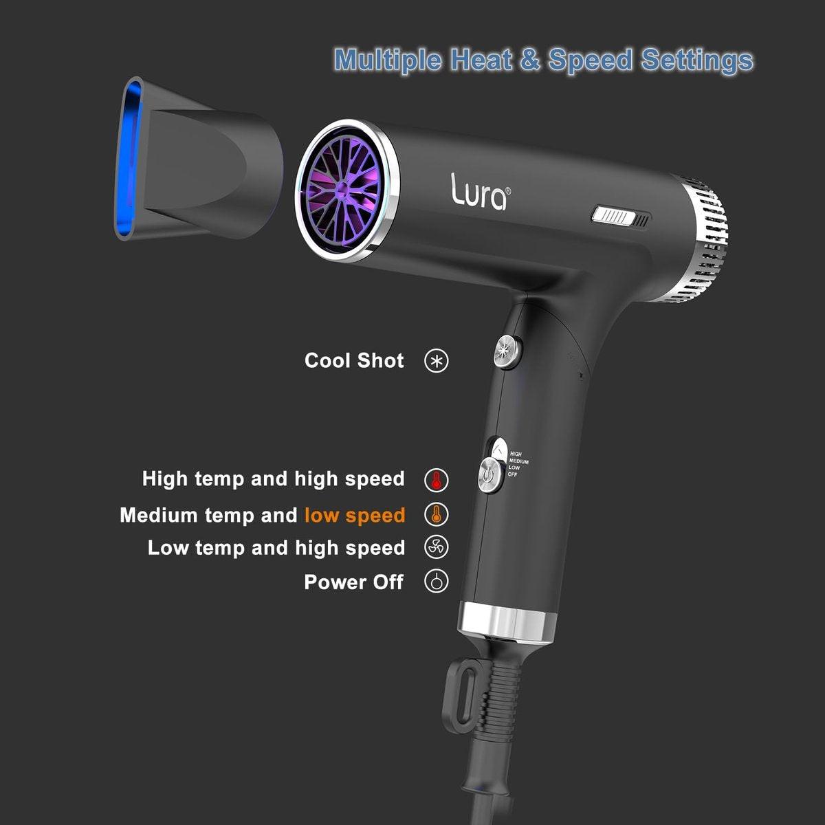 LURA Auto Dual Voltage Haar-Fön für internationale Reisen, Reise-Haartrockner mit Diffusor, kleiner tragbarer Föhn für Frauen, leicht, kompakt Mini-Föhn mit klappbarem Griff für Kinder (Schwarz)