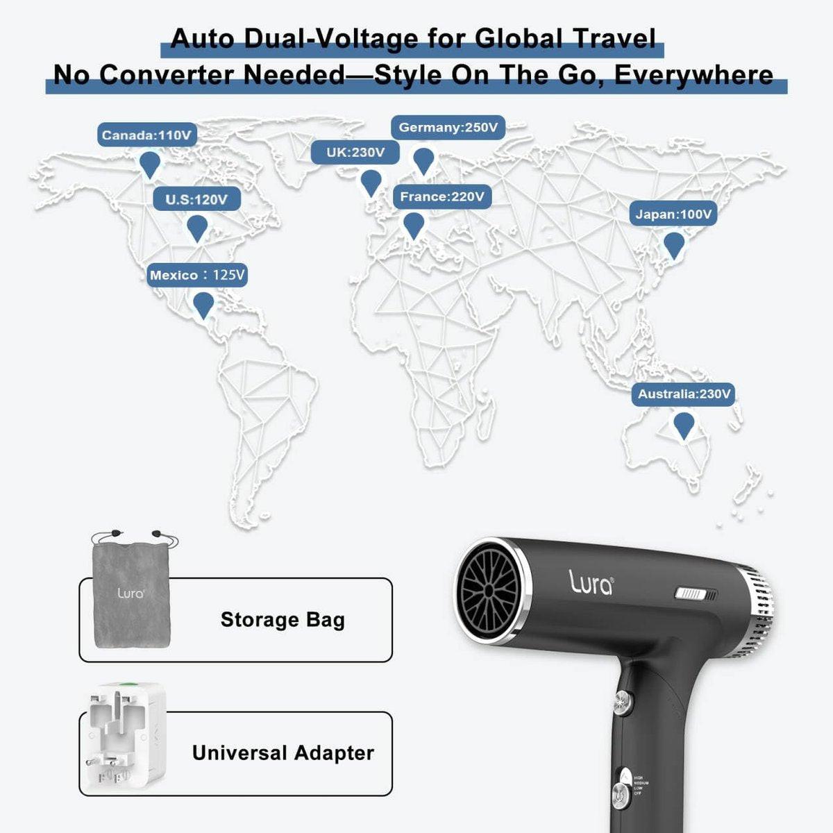 LURA Auto Dual Voltage Haar-Fön für internationale Reisen, Reise-Haartrockner mit Diffusor, kleiner tragbarer Föhn für Frauen, leicht, kompakt Mini-Föhn mit klappbarem Griff für Kinder (Schwarz)