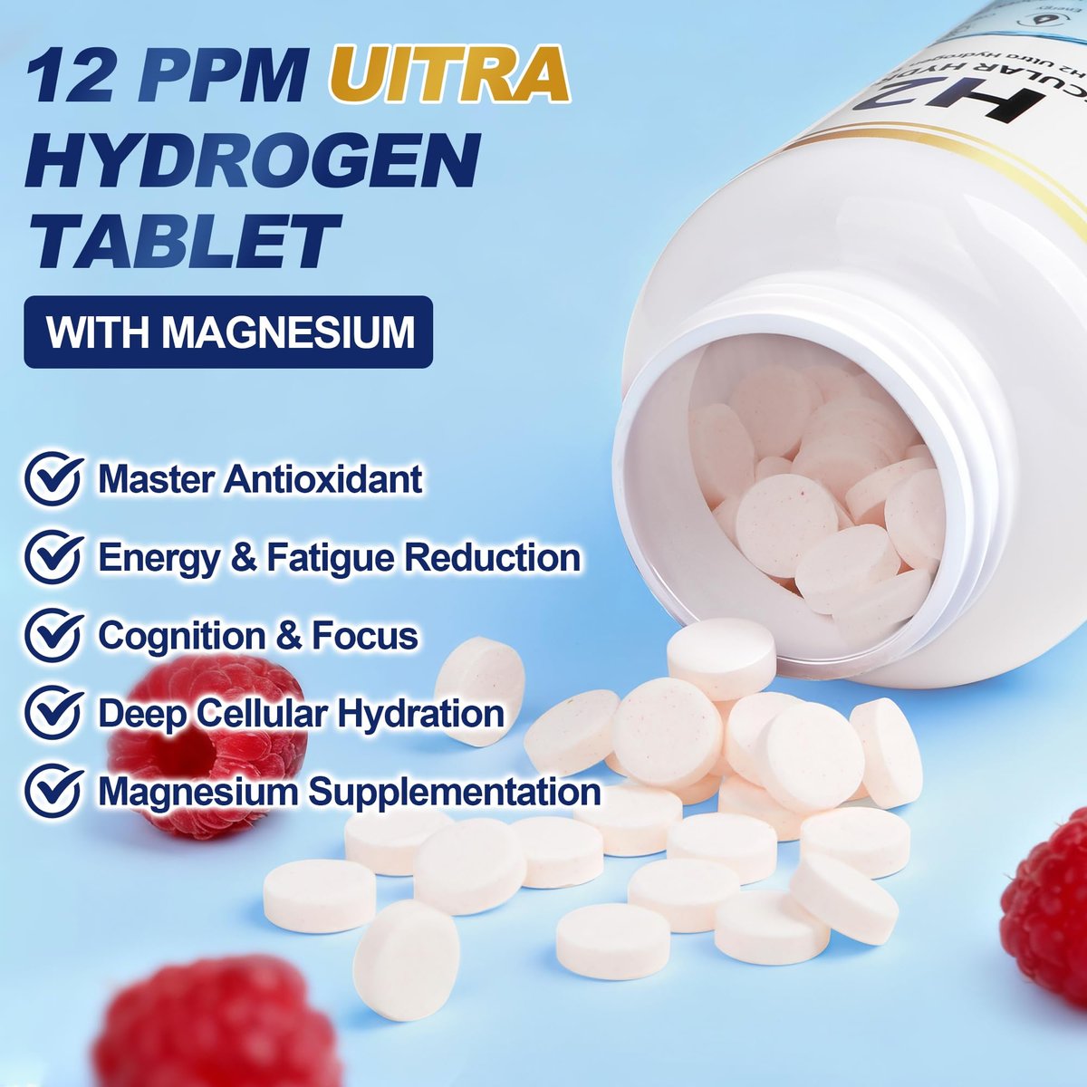 Crobirware Molekulare Wasserstofftabletten (12 PPM) – 120 Stück hochpotente H2-Tabletten für Trinkwasser mit Magnesium – Schnell lösliche Wasserstofftabletten für Energie, Fokus und Anti-Aging