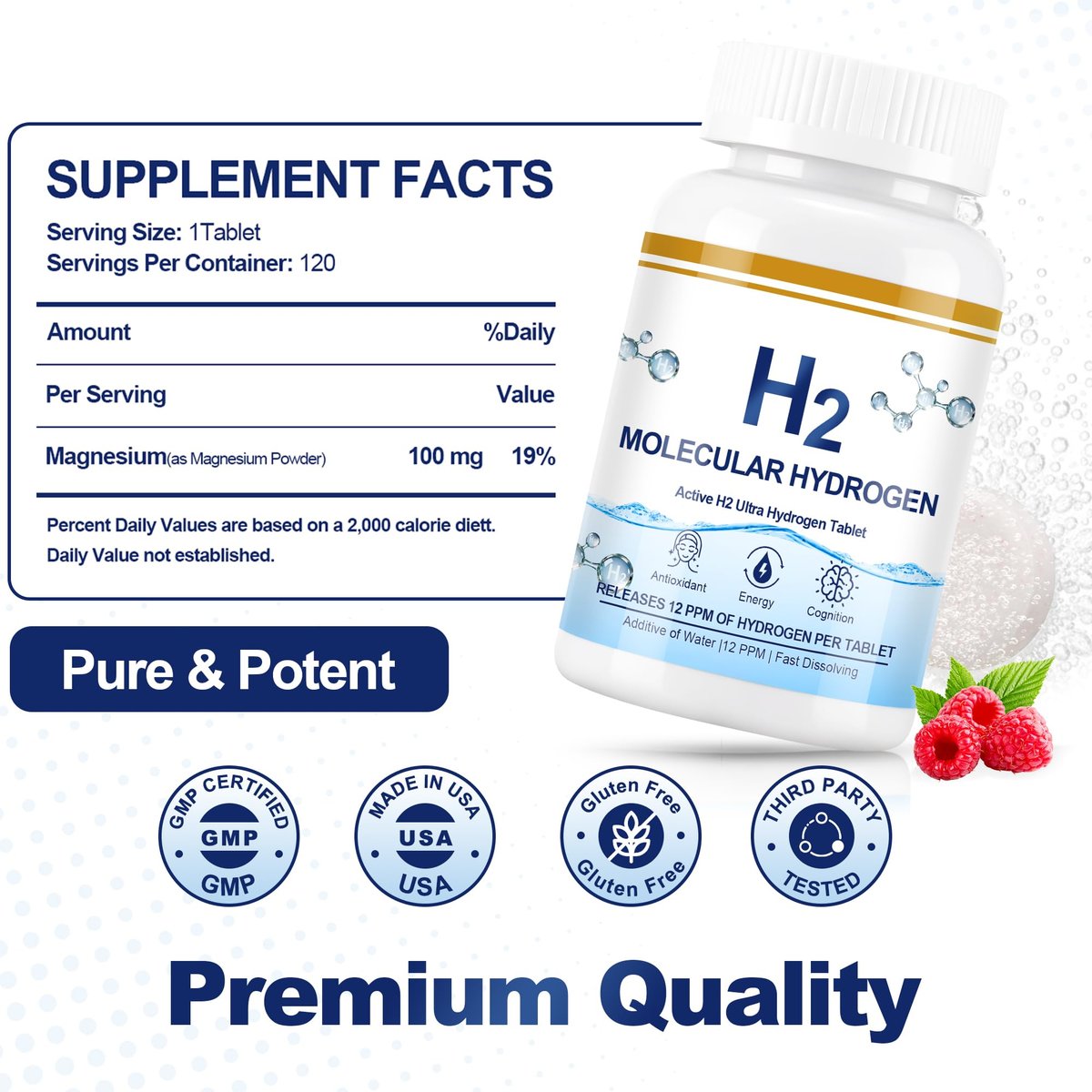Crobirware Molekulare Wasserstofftabletten (12 PPM) – 120 Stück hochpotente H2-Tabletten für Trinkwasser mit Magnesium – Schnell lösliche Wasserstofftabletten für Energie, Fokus und Anti-Aging