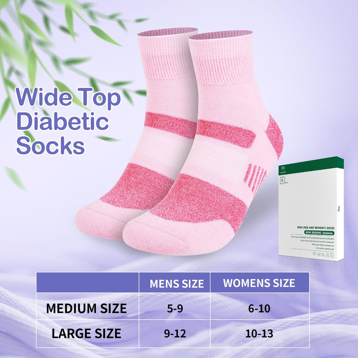 Bulinlulu Diabetische Socken für Damen Größe 9-11, 6 Paar nicht einschnürende Diabetiker-Wandersocken für Herren (Rosa, Lila, Lavendel, Schwarz, Weiß, Blau)
