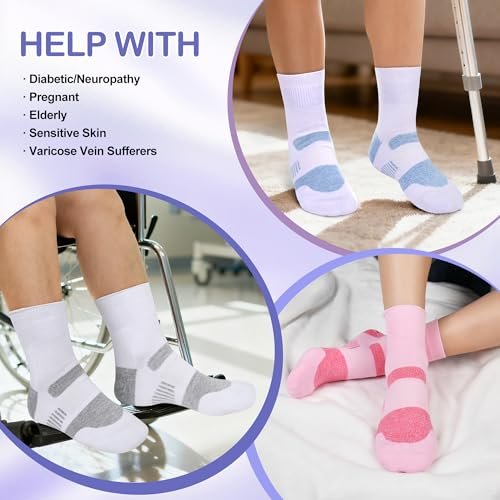 Bulinlulu Diabetische Socken für Damen Größe 9-11, 6 Paar nicht einschnürende Diabetiker-Wandersocken für Herren (Rosa, Lila, Lavendel, Schwarz, Weiß, Blau)
