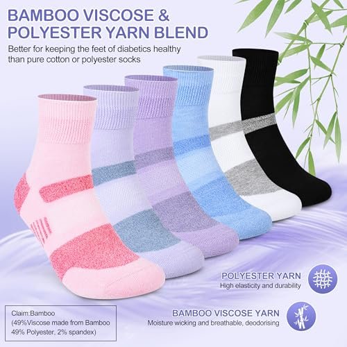 Bulinlulu Diabetische Socken für Damen Größe 9-11, 6 Paar nicht einschnürende Diabetiker-Wandersocken für Herren (Rosa, Lila, Lavendel, Schwarz, Weiß, Blau)