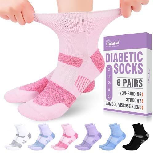 Bulinlulu Diabetische Socken für Damen Größe 9-11, 6 Paar nicht einschnürende Diabetiker-Wandersocken für Herren (Rosa, Lila, Lavendel, Schwarz, Weiß, Blau)