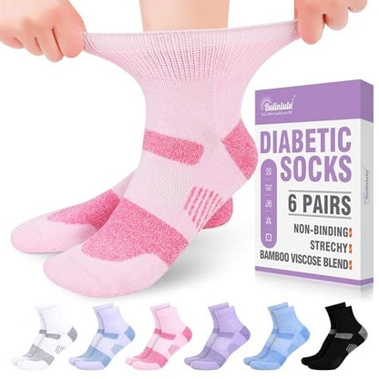 Bulinlulu Diabetische Socken für Damen Größe 9-11, 6 Paar nicht einschnürende Diabetiker-Wandersocken für Herren (Rosa, Lila, Lavendel, Schwarz, Weiß, Blau)