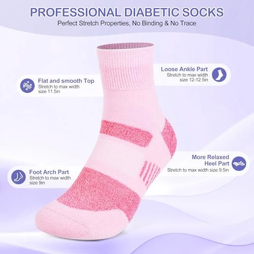 Bulinlulu Diabetische Socken für Damen Größe 9-11, 6 Paar nicht einschnürende Diabetiker-Wandersocken für Herren (Rosa, Lila, Lavendel, Schwarz, Weiß, Blau)