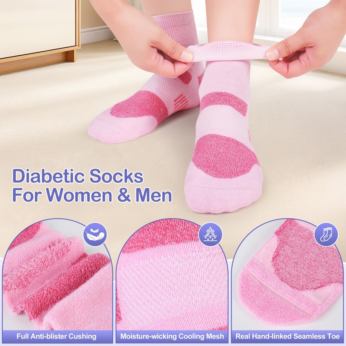 Bulinlulu Diabetische Socken für Damen Größe 9-11, 6 Paar nicht einschnürende Diabetiker-Wandersocken für Herren (Rosa, Lila, Lavendel, Schwarz, Weiß, Blau)