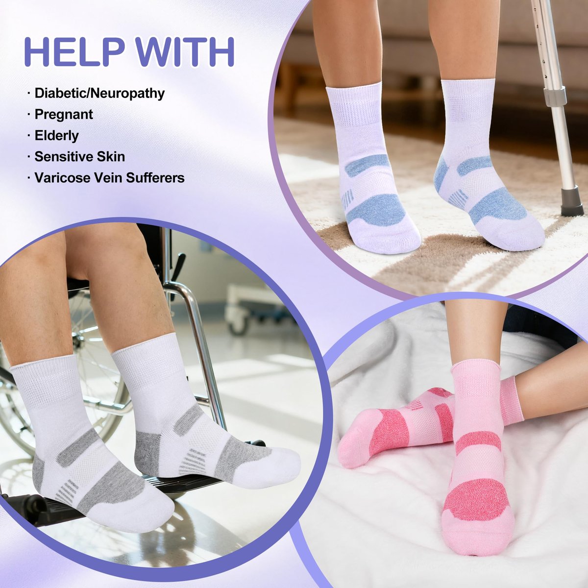 Bulinlulu Diabetische Socken für Damen Größe 9-11, 6 Paar nicht einschnürende Diabetiker-Wandersocken für Herren (Rosa, Lila, Lavendel, Schwarz, Weiß, Blau)