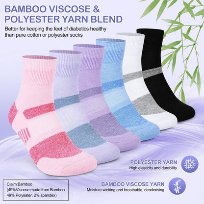Bulinlulu Diabetische Socken für Damen Größe 9-11, 6 Paar nicht einschnürende Diabetiker-Wandersocken für Herren (Rosa, Lila, Lavendel, Schwarz, Weiß, Blau)
