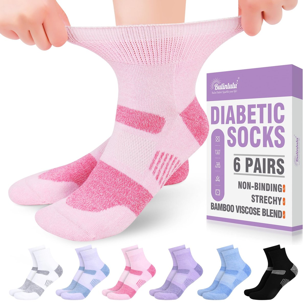 Bulinlulu Diabetische Socken für Damen Größe 9-11, 6 Paar nicht einschnürende Diabetiker-Wandersocken für Herren (Rosa, Lila, Lavendel, Schwarz, Weiß, Blau)