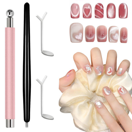 4-teiliges professionelles Katzenaugen-Magnet-Set für Nägel mit Herzformer-Werkzeug | 3-in-1 Nagelkunst-Stift für atemberaubende French-, Breit- und Herzdesigns | Schwarzer Perlen-Anziehungsstift für Zuhause und Salon