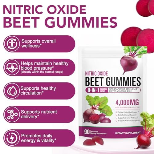 Rote Bete Gummibärchen, Zuckerfrei | 8-in-1 Rote Bete Extrakt mit CoQ10 & Traubenkernextrakt für Blutdruck, Herzgesundheit, Energielevel, Förderung von Stickstoffmonoxid, mit Vitamin B12, C | 90 Stück