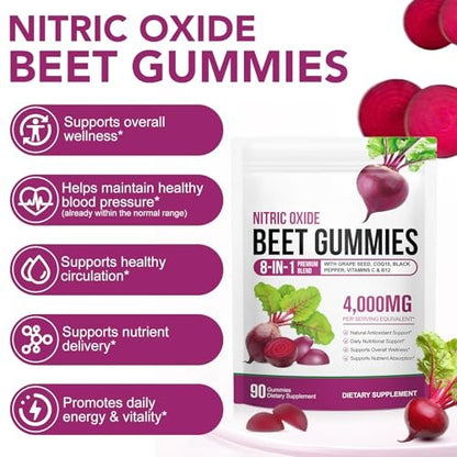 Rote Bete Gummibärchen, Zuckerfrei | 8-in-1 Rote Bete Extrakt mit CoQ10 & Traubenkernextrakt für Blutdruck, Herzgesundheit, Energielevel, Förderung von Stickstoffmonoxid, mit Vitamin B12, C | 90 Stück