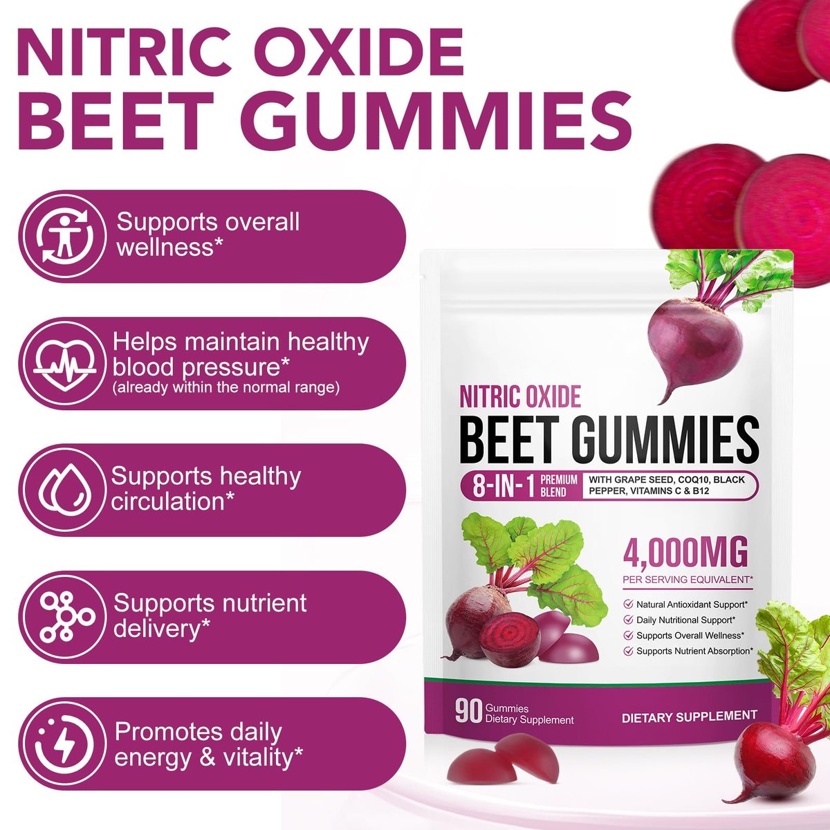 Rote Bete Gummibärchen, Zuckerfrei | 8-in-1 Rote Bete Extrakt mit CoQ10 & Traubenkernextrakt für Blutdruck, Herzgesundheit, Energielevel, Förderung von Stickstoffmonoxid, mit Vitamin B12, C | 90 Stück