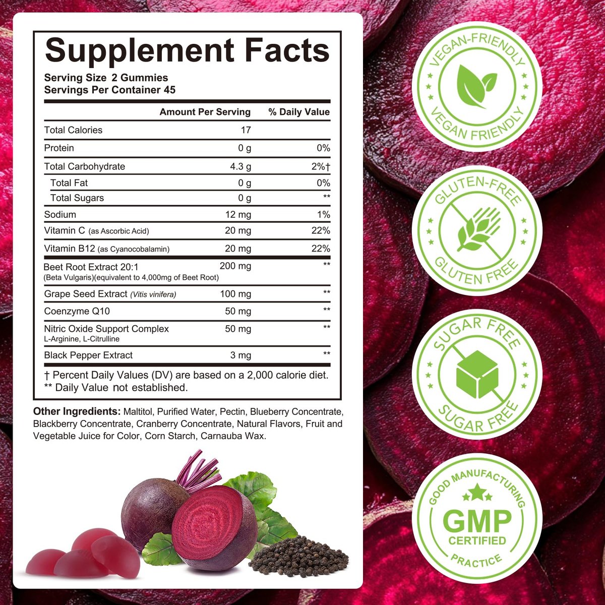 Rote Bete Gummibärchen, Zuckerfrei | 8-in-1 Rote Bete Extrakt mit CoQ10 & Traubenkernextrakt für Blutdruck, Herzgesundheit, Energielevel, Förderung von Stickstoffmonoxid, mit Vitamin B12, C | 90 Stück
