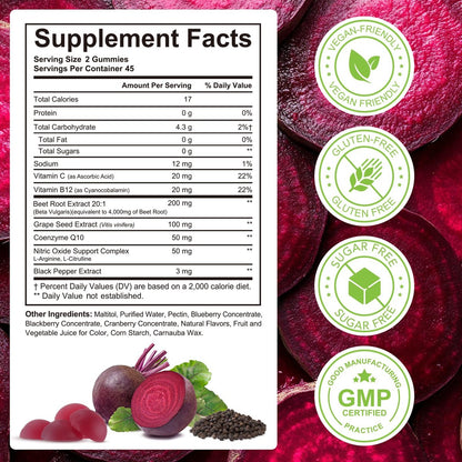 Rote Bete Gummibärchen, Zuckerfrei | 8-in-1 Rote Bete Extrakt mit CoQ10 & Traubenkernextrakt für Blutdruck, Herzgesundheit, Energielevel, Förderung von Stickstoffmonoxid, mit Vitamin B12, C | 90 Stück