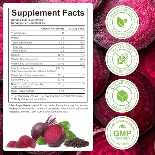 Rote Bete Gummibärchen, Zuckerfrei | 8-in-1 Rote Bete Extrakt mit CoQ10 & Traubenkernextrakt für Blutdruck, Herzgesundheit, Energielevel, Förderung von Stickstoffmonoxid, mit Vitamin B12, C | 90 Stück