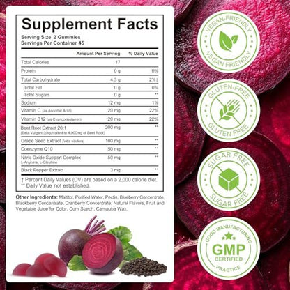 Rote Bete Gummibärchen, Zuckerfrei | 8-in-1 Rote Bete Extrakt mit CoQ10 & Traubenkernextrakt für Blutdruck, Herzgesundheit, Energielevel, Förderung von Stickstoffmonoxid, mit Vitamin B12, C | 90 Stück