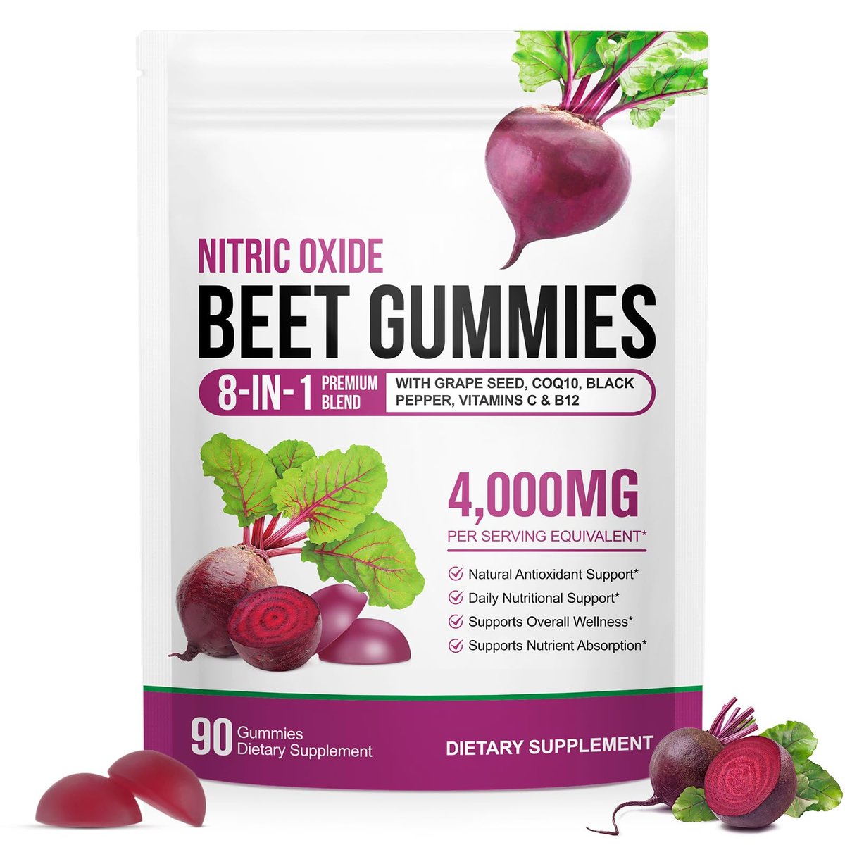 Rote Bete Gummibärchen, Zuckerfrei | 8-in-1 Rote Bete Extrakt mit CoQ10 & Traubenkernextrakt für Blutdruck, Herzgesundheit, Energielevel, Förderung von Stickstoffmonoxid, mit Vitamin B12, C | 90 Stück