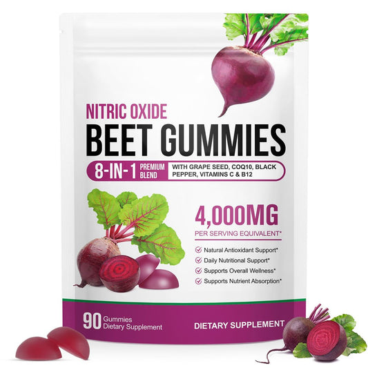 Rote Bete Gummibärchen, Zuckerfrei | 8-in-1 Rote Bete Extrakt mit CoQ10 & Traubenkernextrakt für Blutdruck, Herzgesundheit, Energielevel, Förderung von Stickstoffmonoxid, mit Vitamin B12, C | 90 Stück
