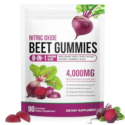 Rote Bete Gummibärchen, Zuckerfrei | 8-in-1 Rote Bete Extrakt mit CoQ10 & Traubenkernextrakt für Blutdruck, Herzgesundheit, Energielevel, Förderung von Stickstoffmonoxid, mit Vitamin B12, C | 90 Stück