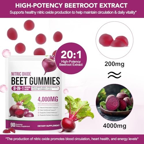 Rote Bete Gummibärchen, Zuckerfrei | 8-in-1 Rote Bete Extrakt mit CoQ10 & Traubenkernextrakt für Blutdruck, Herzgesundheit, Energielevel, Förderung von Stickstoffmonoxid, mit Vitamin B12, C | 90 Stück