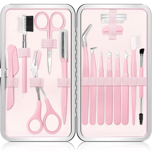 17-in-1 Augenbrauen-Set: Pinzette, Schere, Trimmer & Bürsten – Professionelles Augenbrauenpflege-Set für Damen (Rosa, 17-teilig)