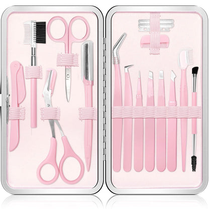 17-in-1 Augenbrauen-Set: Pinzette, Schere, Trimmer & Bürsten – Professionelles Augenbrauenpflege-Set für Damen (Rosa, 17-teilig)