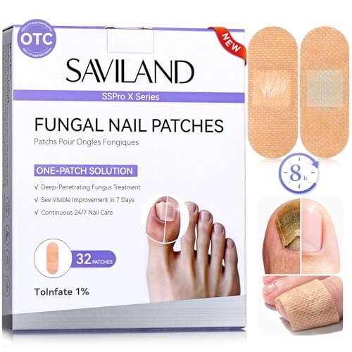 SAVILAND Nagelpilz-Pflaster 32 Stück FSA-HSA Extra Stark: 8H Übernacht-Reparatur 1% Tolnaftat Zehennagelbehandlung Nächtliche Nagelerneuerung Stellt beschädigte, verfärbte, dicke und gelbe Nägel wieder her