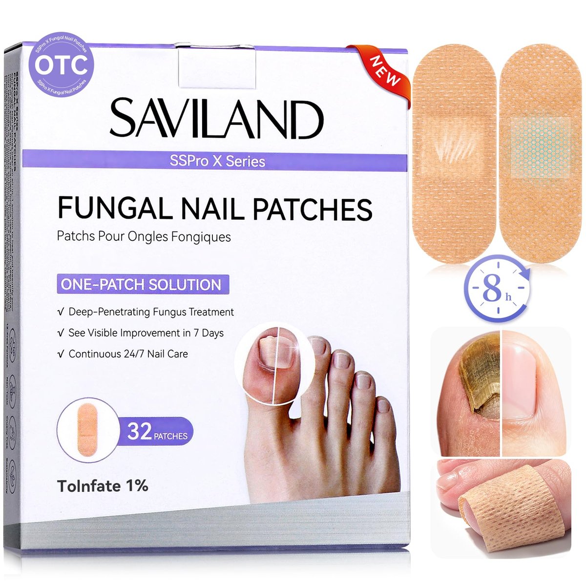SAVILAND Nagelpilz-Pflaster 32 Stück FSA-HSA Extra Stark: 8H Übernacht-Reparatur 1% Tolnaftat Zehennagelbehandlung Nächtliche Nagelerneuerung Stellt beschädigte, verfärbte, dicke und gelbe Nägel wieder her