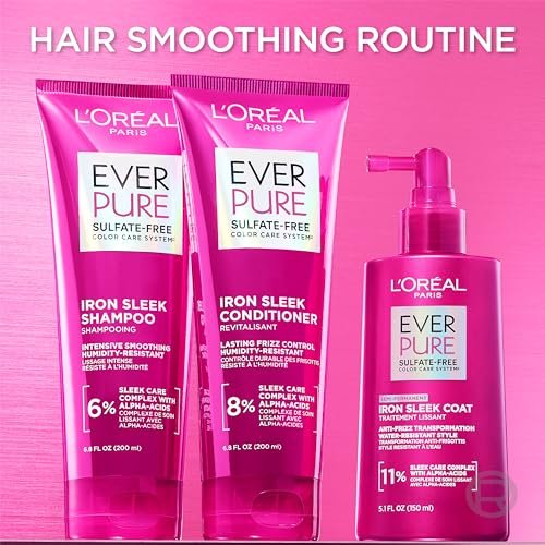 L'Oreal Paris EverPure Iron Sleek Glättender Conditioner, sulfatfrei, Anti-Frizz & feuchtigkeitsbeständig, mit Alpha-Säuren für krauses Haar, 200 ml