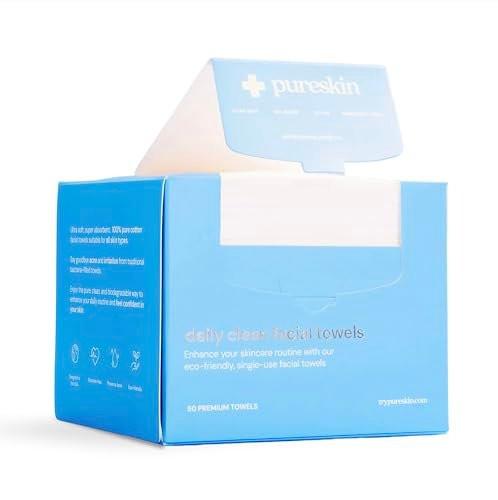pureskin Daily Clean Gesichtstücher, 100% biologisch abbaubare reine Baumwolle, Premium Einweg-Gesichtstücher, von Klinikern empfohlen, ultraweich, geeignet für alle Hauttypen, 50 Stück